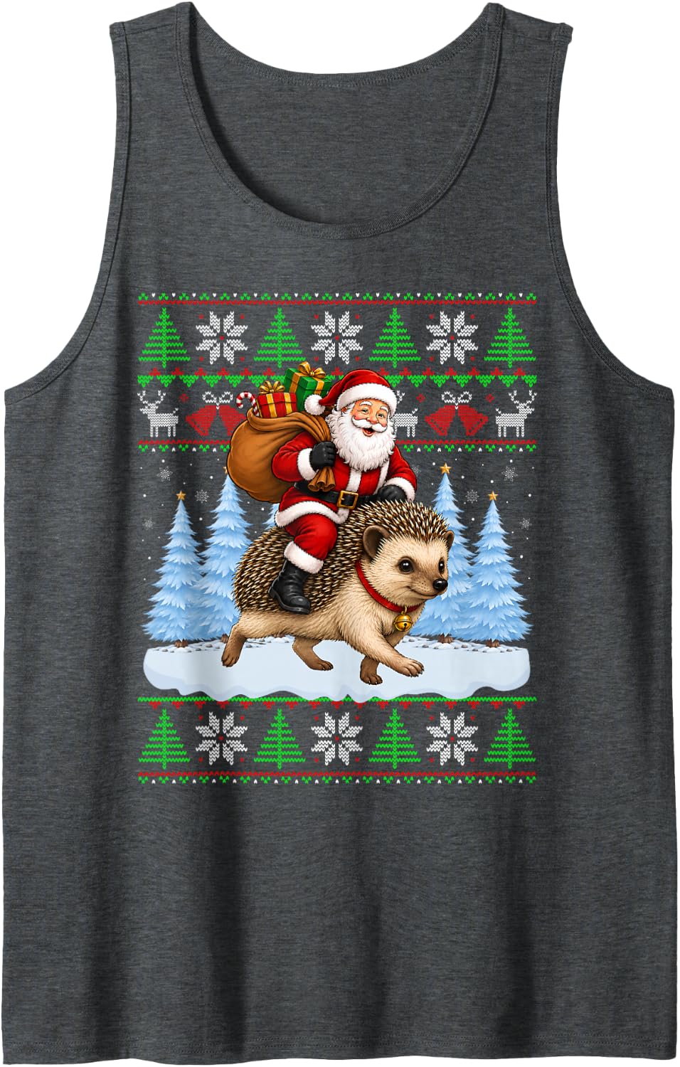 Ugly Xmas Sweaters Funny Santa Riding Hedgehog Christmas Sleeveless Tank Top - Dark Heather Grey