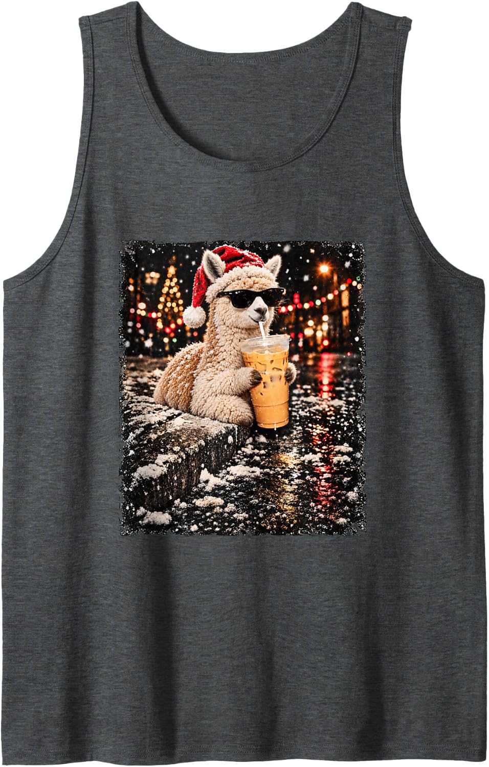 Funny Alpaca Drinking Iced Coffee Christmas Animal Meme Sleeveless Tank Top - Dark Heather Grey
