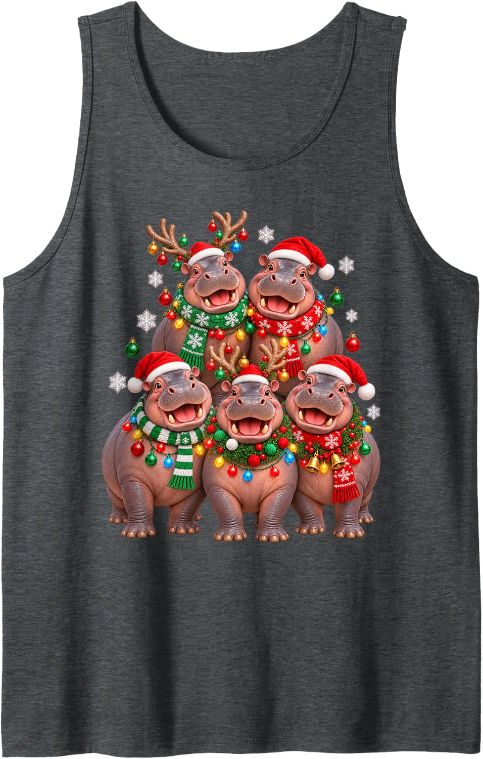Christmas Lights Hippo Santa Funny Xmas Trees Sleeveless Tank Top - Dark Heather Grey