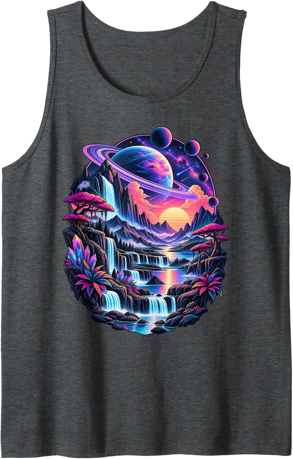 Vaporwave Alien Planet Waterfall Bonsai Tree Landscape Sleeveless Tank Top - Dark Heather Grey