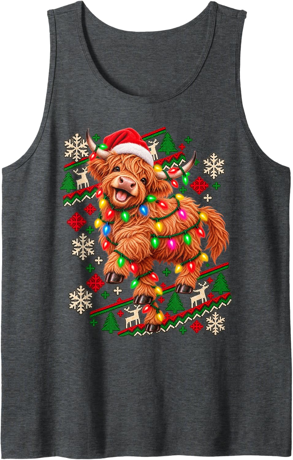 Christmas Lights Highland Cow Playful Holiday Design Sleeveless Tank Top - Dark Heather Grey