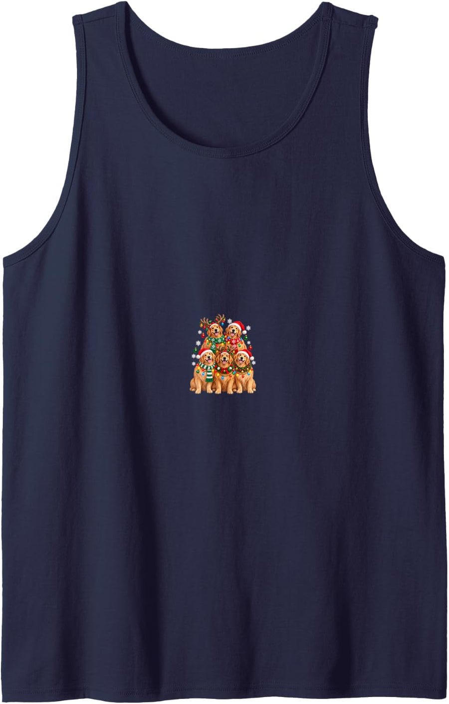 Christmas Lights Golden Retriever Santa Funny Xmas Trees Sleeveless Tank Top - Navy Blue