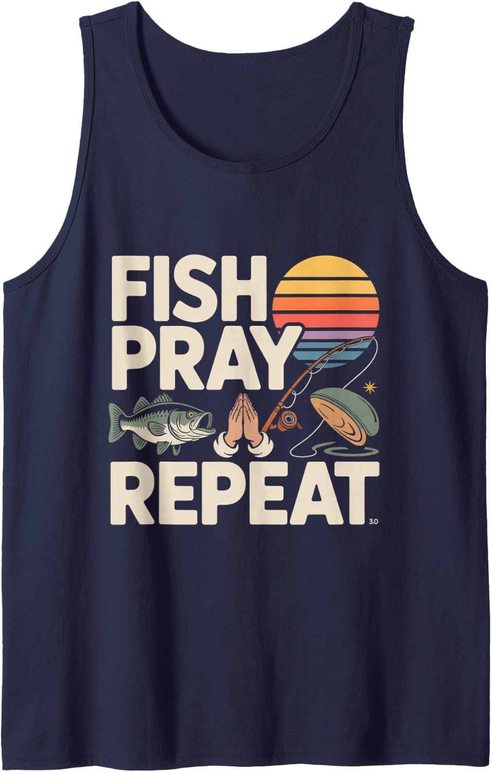 Fish Pray Repeat Christian Fishing Jesus Faith Bass Fish Sleeveless Tank Top - Navy Blue
