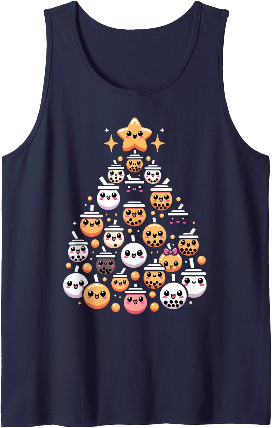 Christmas Kawaii Boba Tea Lovers Xmas Tree Sleeveless Tank Top - Navy Blue