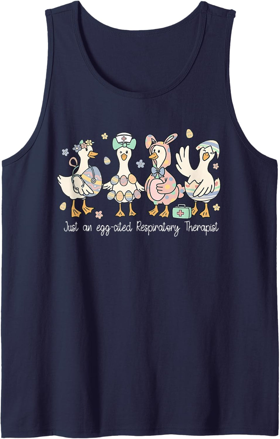 Just an Egg-Cited Respiratory Therapist Silly Goose Easter Sleeveless Tank Top - Navy Blue