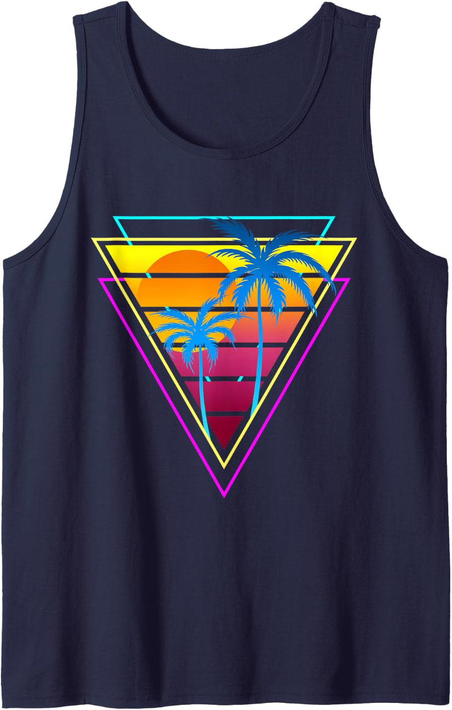 Retro 1980s 1990s Vaporwave Palm Trees Sun Beach Surf Art Tank Top - Navy Blue