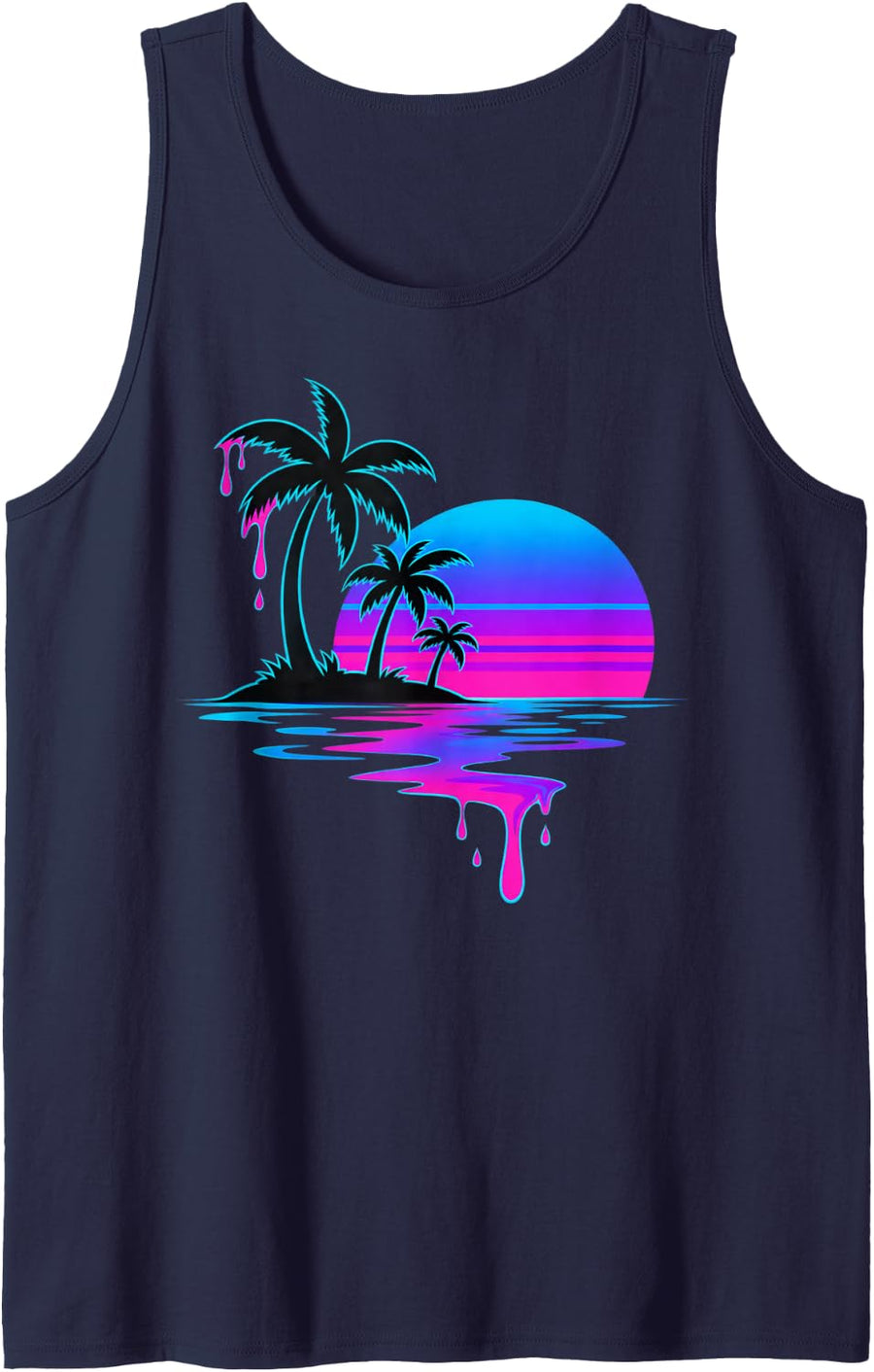 Retro Synthwave Palm Trees Island Sunset Sleeveless Tank Top - Navy Blue