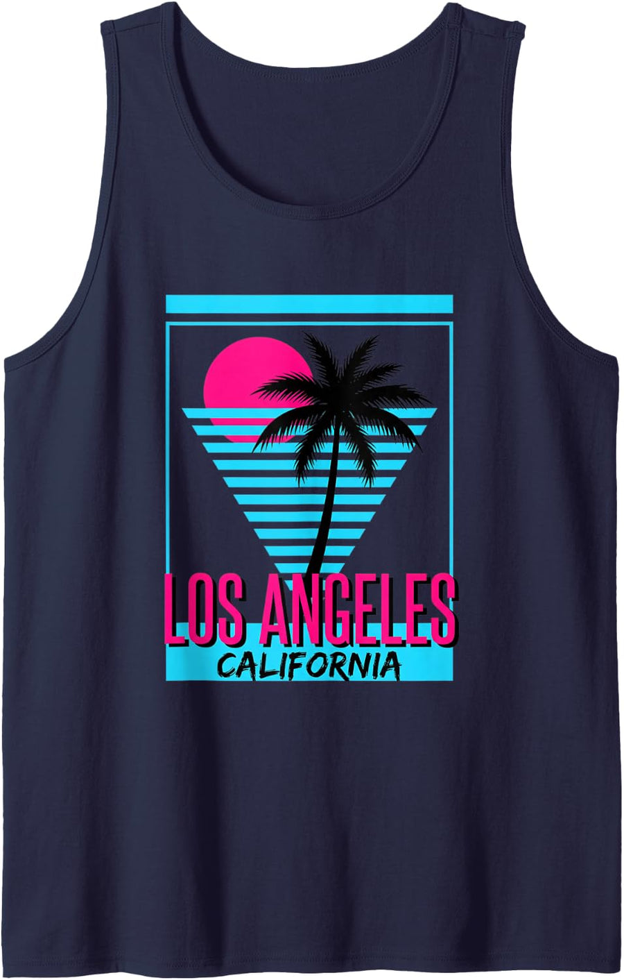Los Angeles California 80S Synthwave Palm Tree Sunset Sleeveless Tank Top - Navy Blue