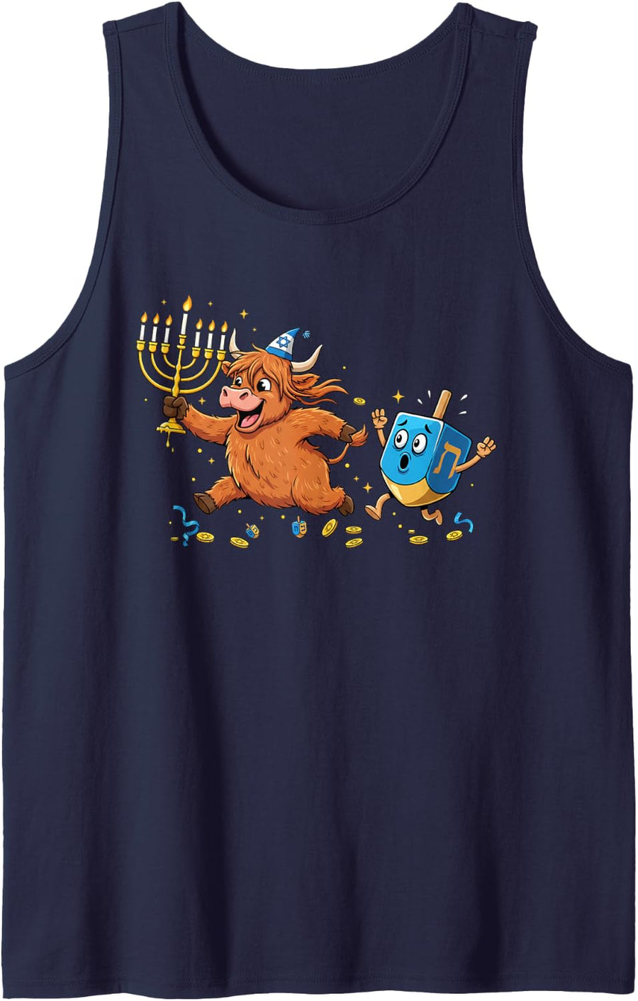 Funny Highland Cow Dreidel Menorah Hanukkah Kids Womens Mens Sleeveless Tank Top - Navy Blue