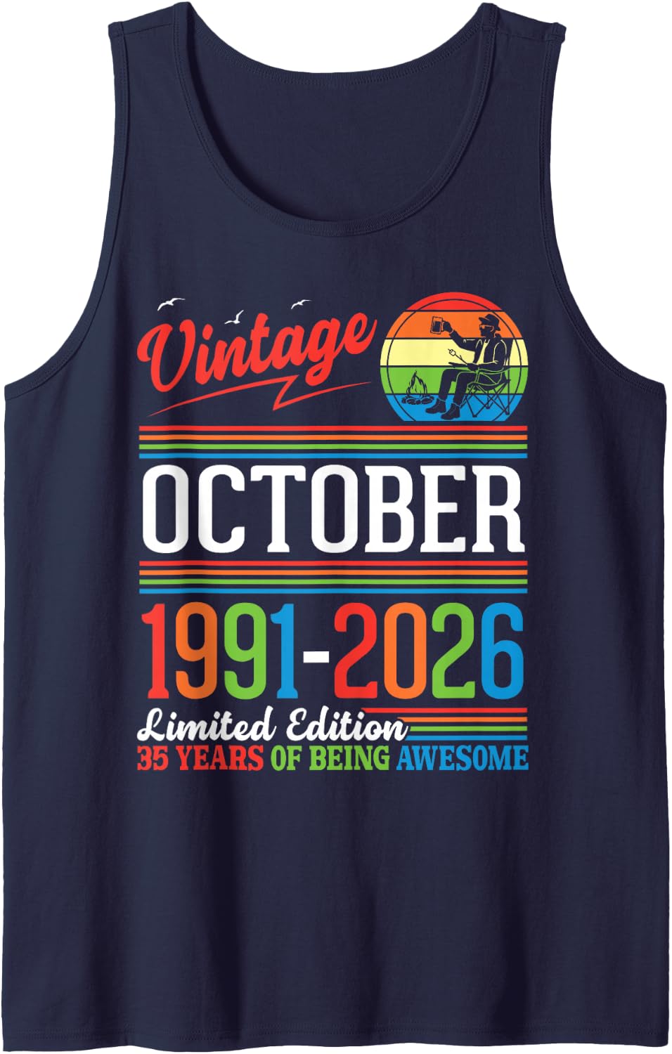 Vintage October 1991 2026 Ltd Edition 35 Years Being Awesome Tank Top - Navy Blue