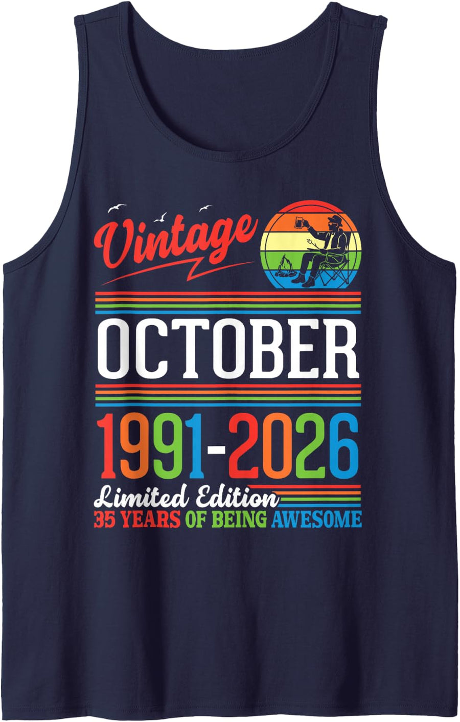 Vintage October 1991 2026 Ltd Edition 35 Years Being Awesome Tank Top - Navy Blue