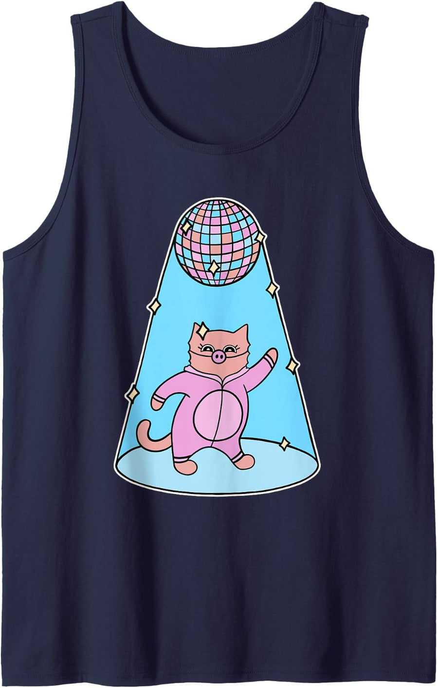 Orange Cat Dancing in a Pig Costume Disco Halloween Sleeveless Tank Top - Navy Blue