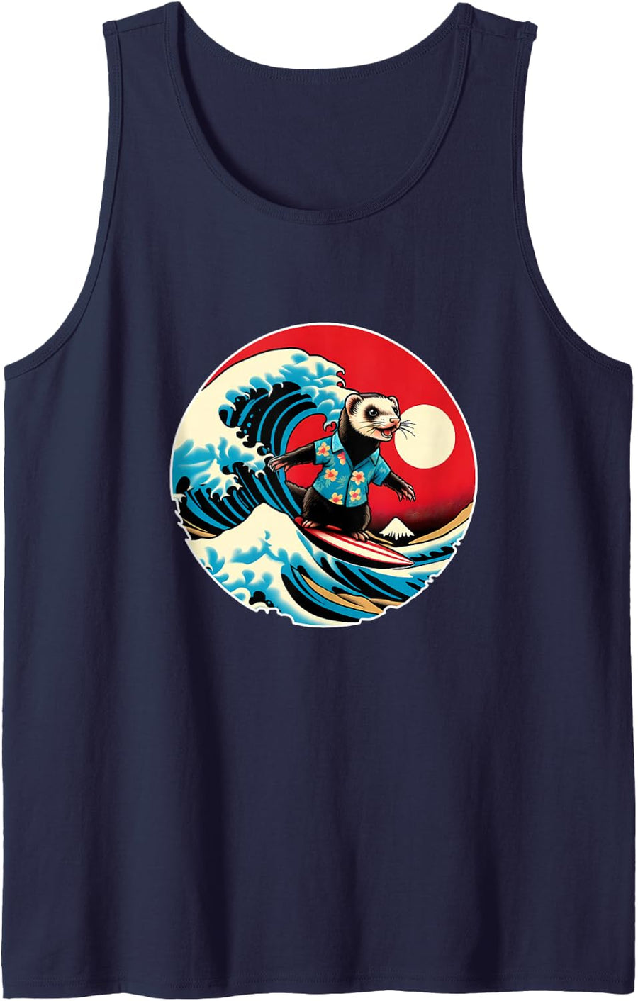 Great Wave Kanagawa Ferret Surfing Sleeveless Tank Top - Navy Blue