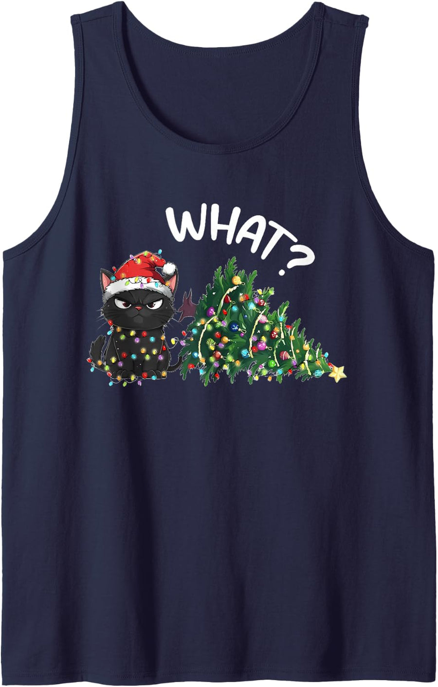 Funny Black Cat Christmas Tree Merry Xmas Humor Cat What? Sleeveless Tank Top - Navy Blue