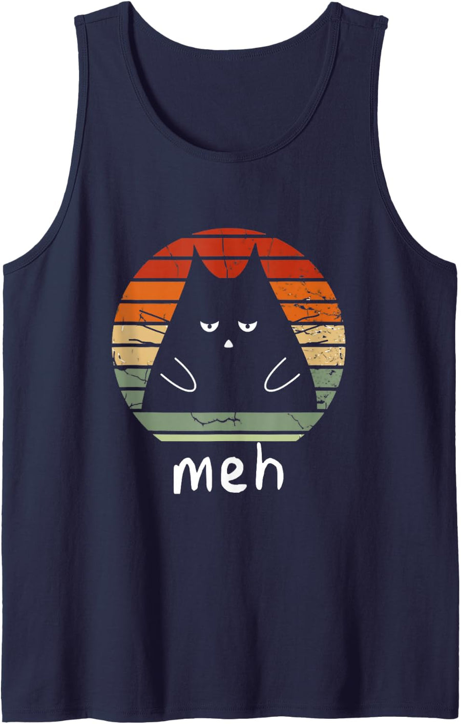 Vintage Black Cat Shirt Meh Cat Meow Kitty Cat Lover Sleeveless Tank Top - Navy Blue
