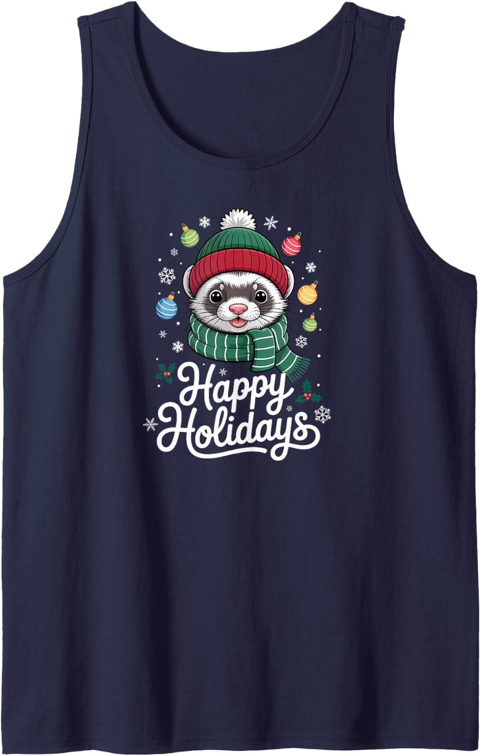 Happy Holidays, Cute Christmas Ferret Tank Top - Navy Blue