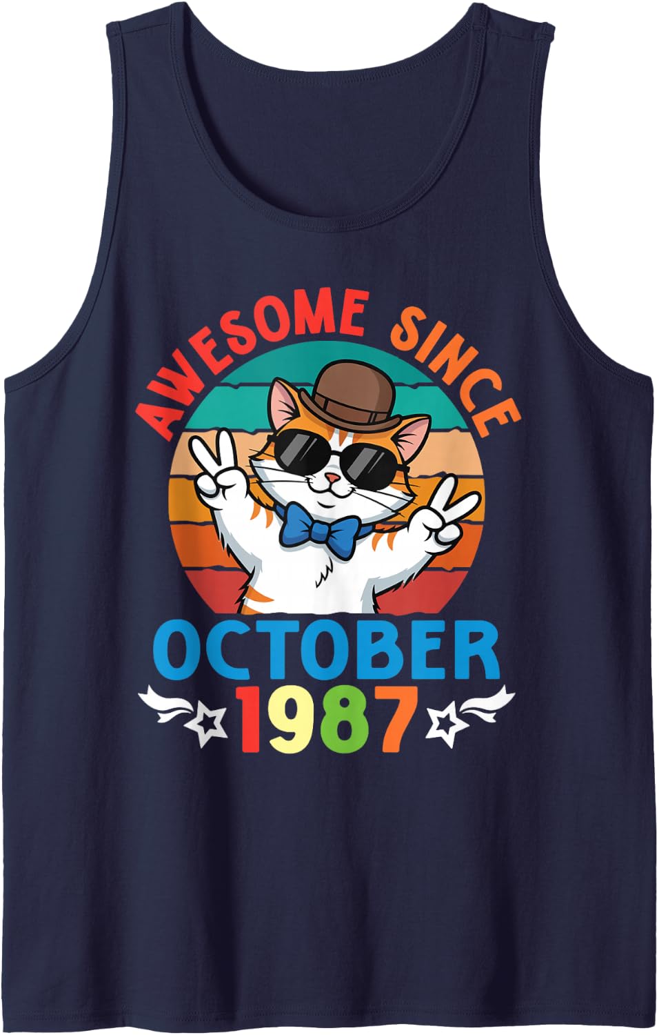 Cat Boy Awesome Since October 1987 My Birthday 39 Years Old Sleeveless Tank Top - Navy Blue