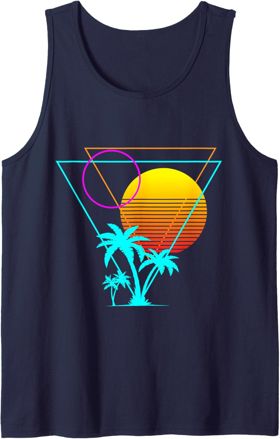 Retro 1980s 1990s Vaporwave Palm Trees & Sunset Beach Art Tank Top - Navy Blue