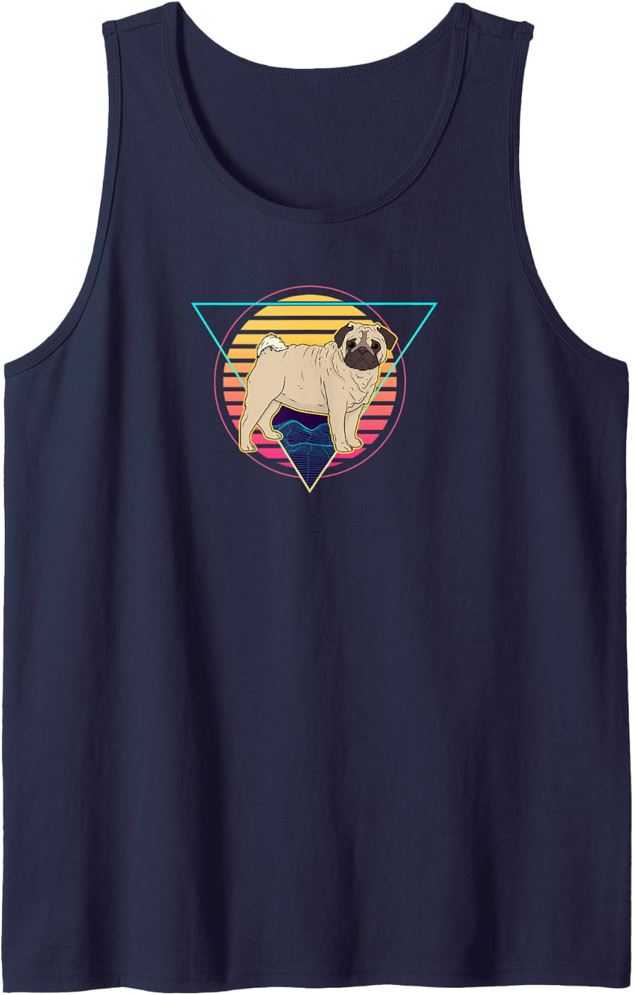 Retro Futuristic Synthwave Dog Pug Aesthetic Sleeveless Tank Top - Navy Blue