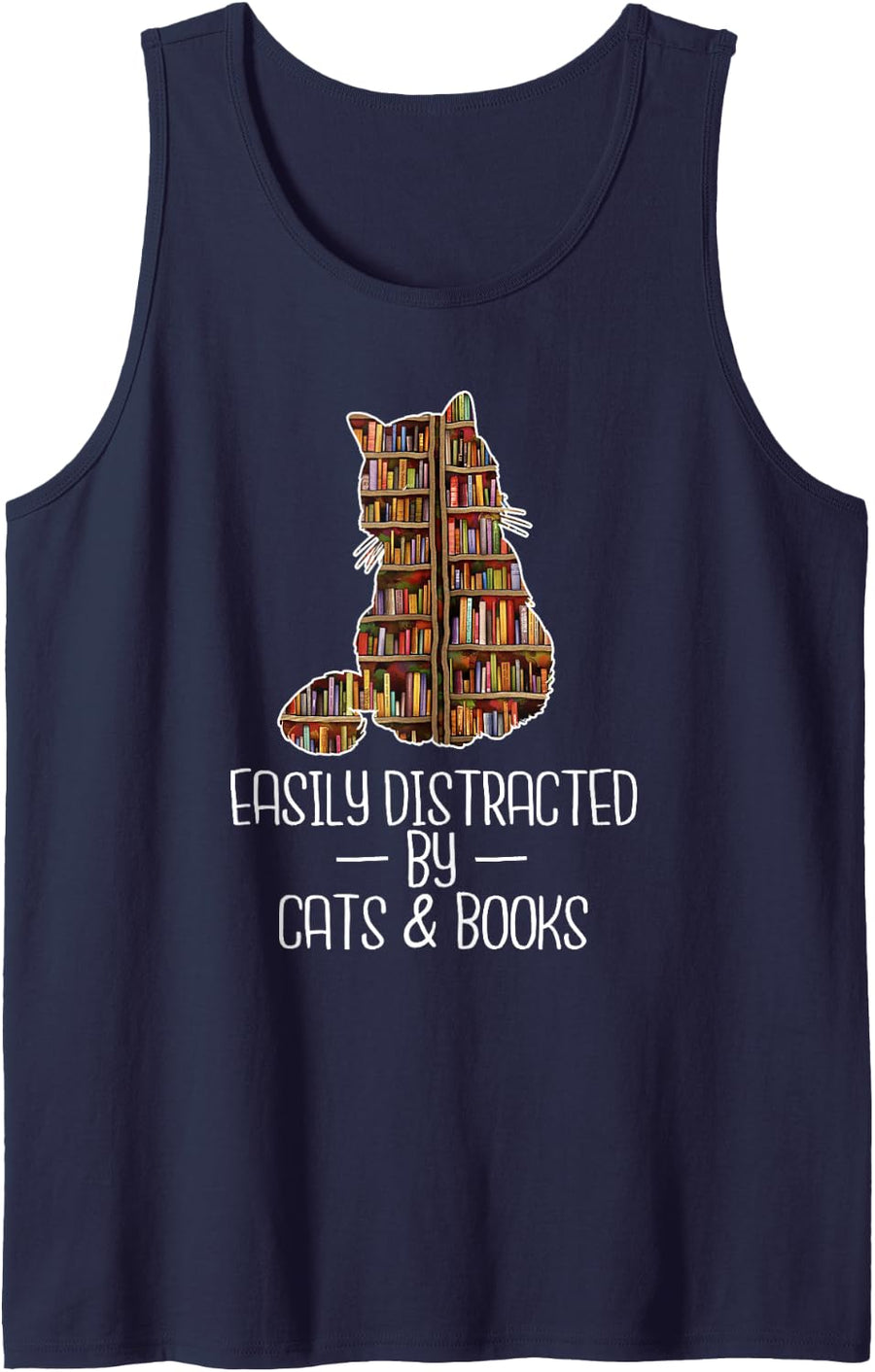 Easily Distracted by Cats & Books Lover Book Nerd Librarian Sleeveless Tank Top - Navy Blue