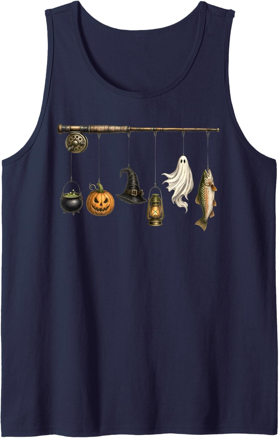 Halloween Fishing Spooky Fly Rod Fisherman Pumpkin Ghost Sleeveless Tank Top - Navy Blue
