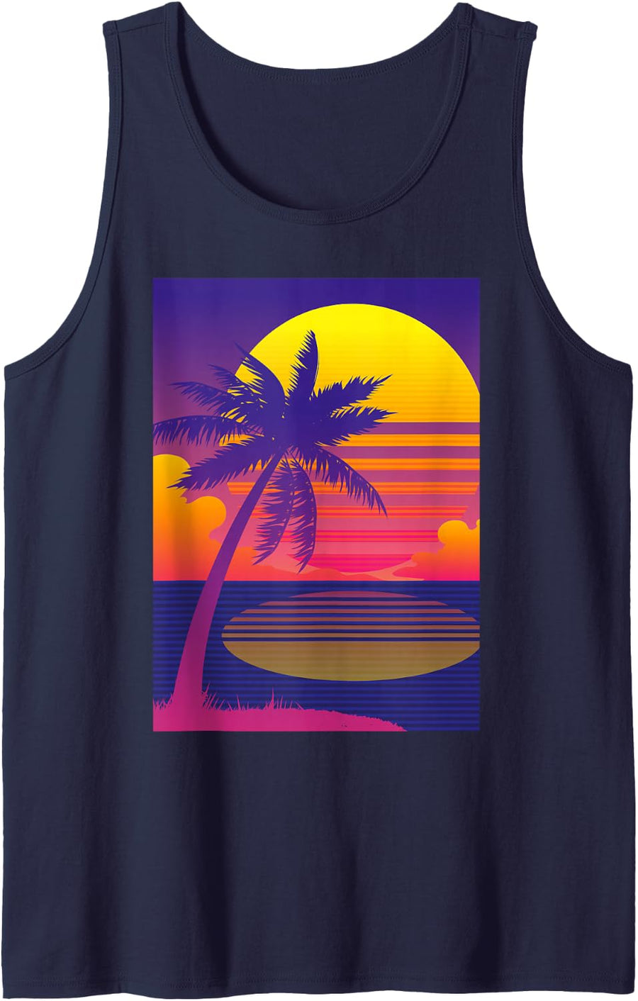 Retro 1980s Vaporwave Palm Tree Sunset Beach Surf Art Tank Top - Navy Blue