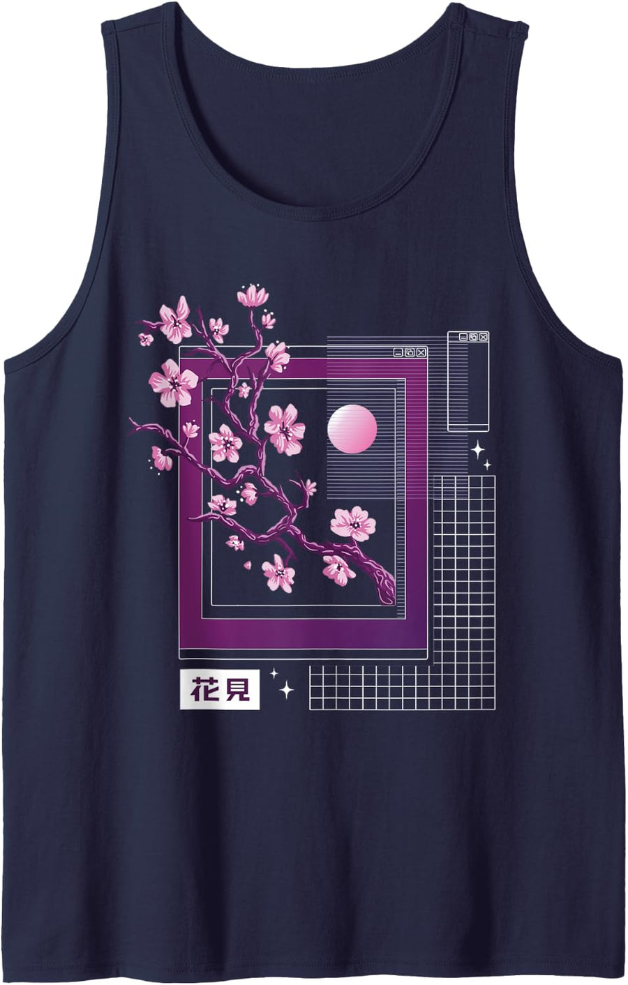 Sakura Flowers Vaporwave Tank Top - Navy Blue