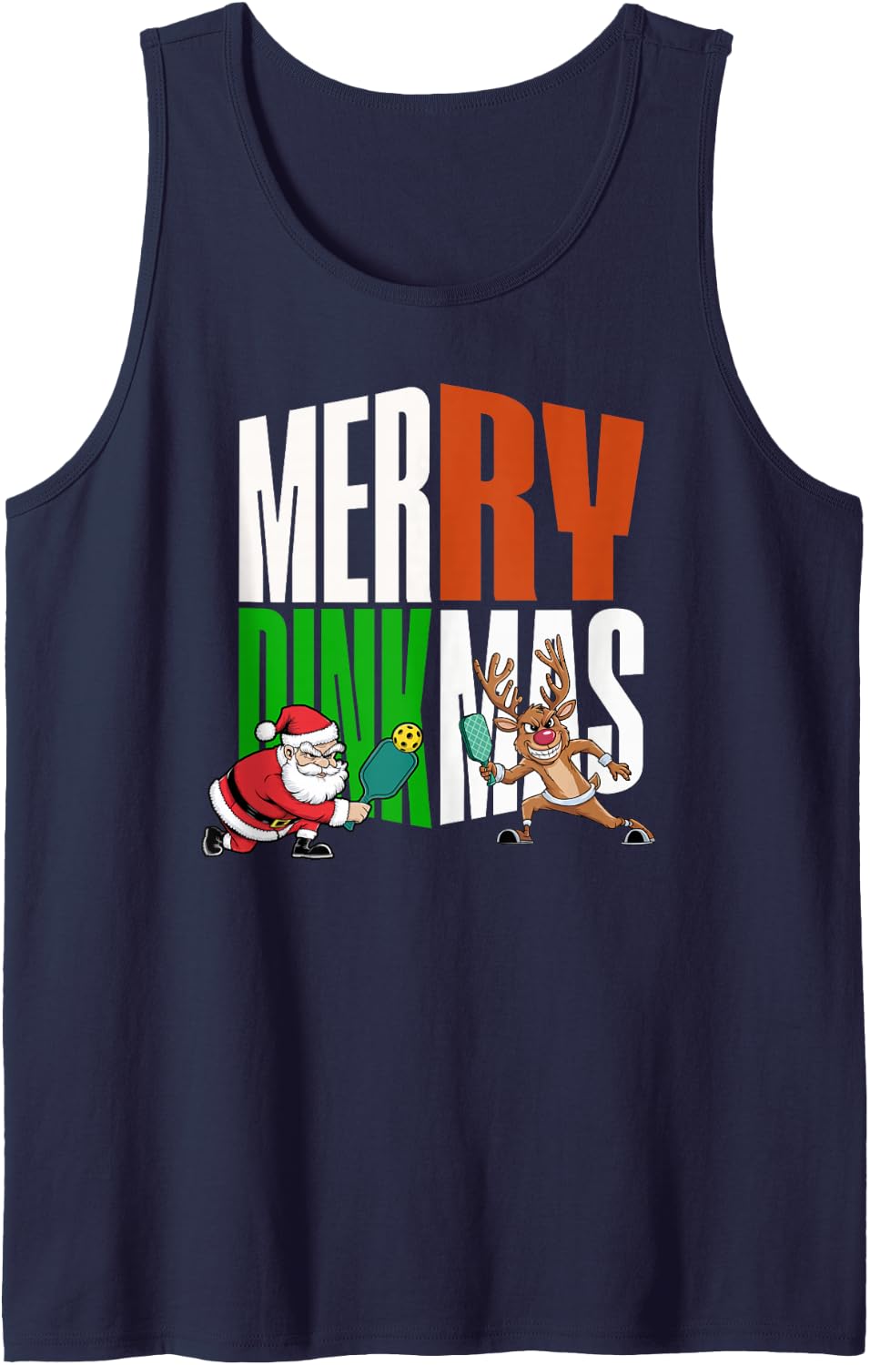 Merry Dinkmas Christmas Pickleball Santa & Reindeer Funny Sleeveless Tank Top - Navy Blue