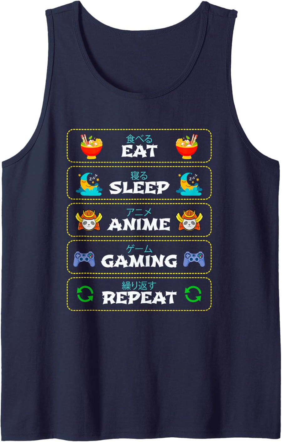 Eat Sleep Anime Gaming Repeat Funny Video Games Otaku Gamer Sleeveless Tank Top - Navy Blue