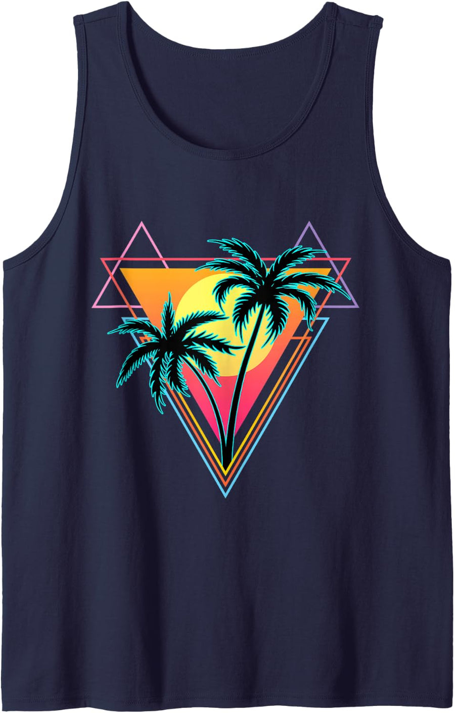 Retro 1980s 1990s Vaporwave Palm Trees Sunset Beach Art Tank Top - Navy Blue