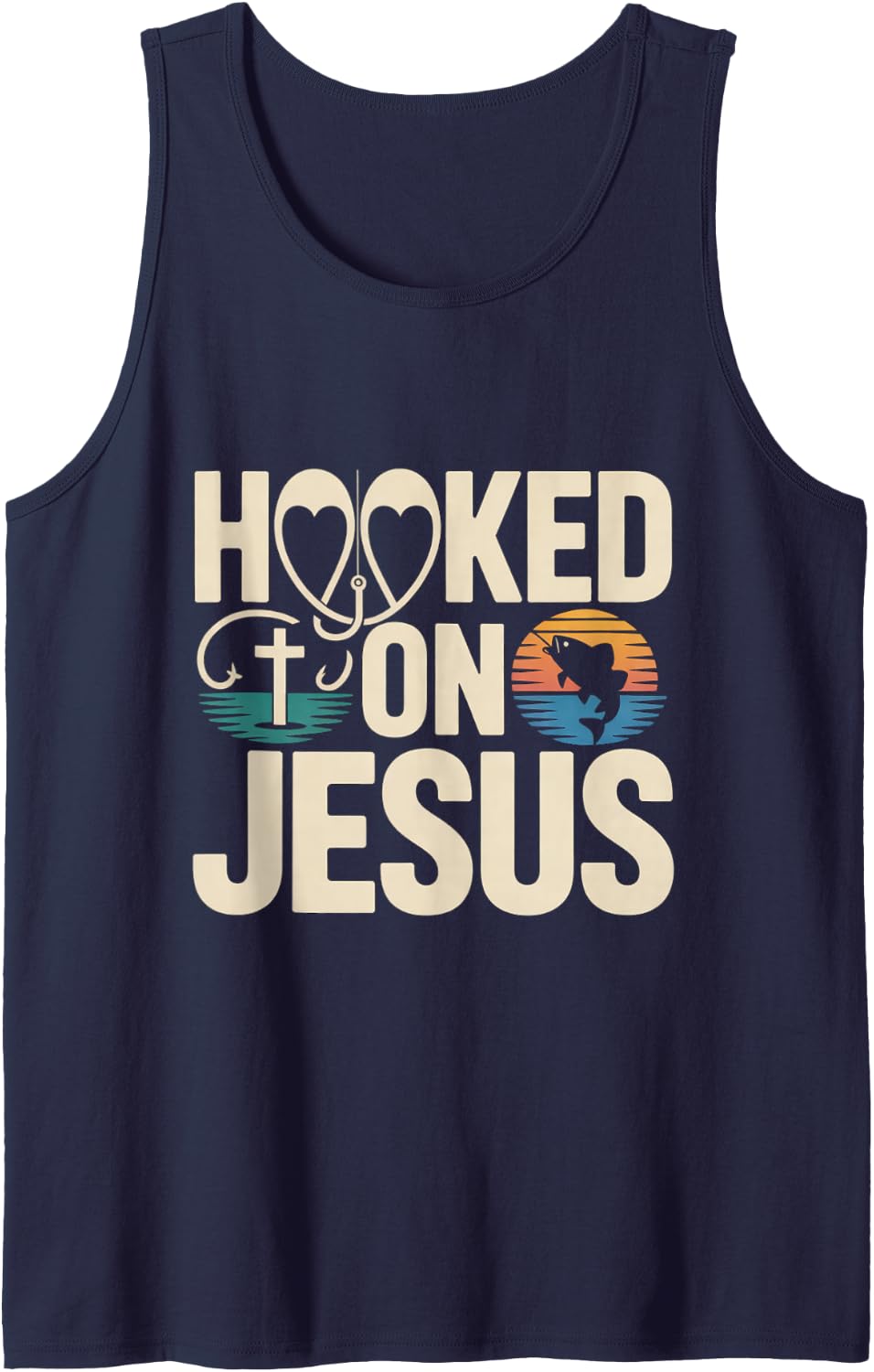 Hooked On Jesus Christian Fishing Jesus Faith Bass Fish Sleeveless Tank Top - Navy Blue