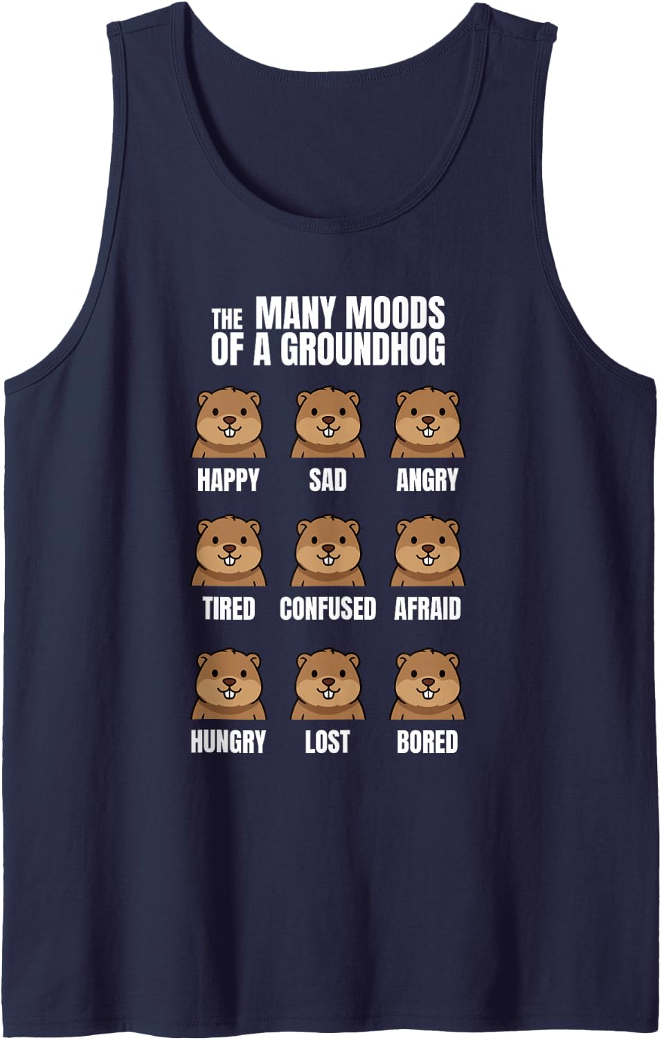 Punxsy Phil's Cute Moods Groundhog Day Feb 2nd Holiday Sleeveless Tank Top - Navy Blue
