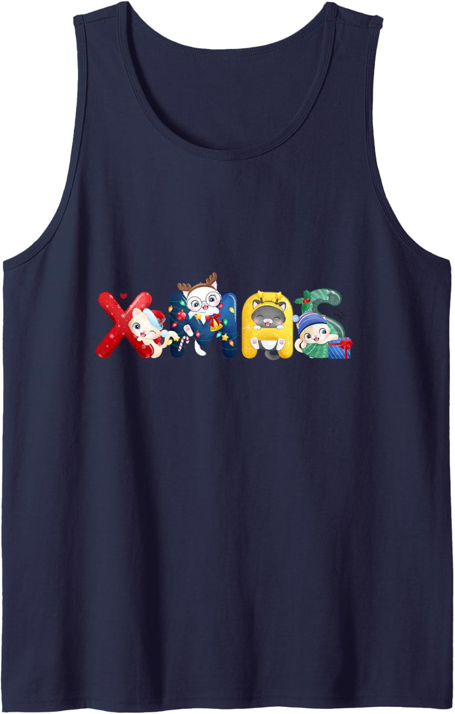 Cute Kittens Merry Xmas Funny Cat Lover Sleeveless Tank Top - Navy Blue