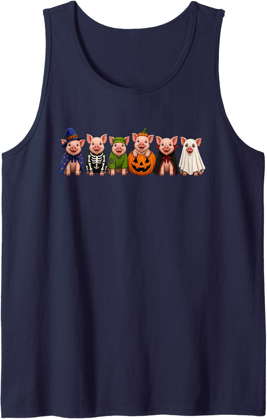 Cute Halloween Pig Costume Spooky Skeleton Ghost Witch Sleeveless Tank Top - Navy Blue