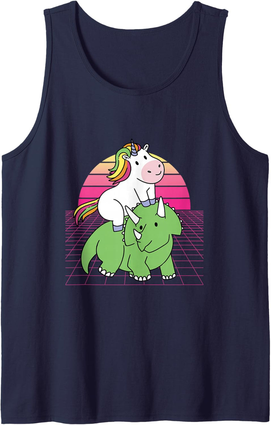 Unicorn Riding Triceratops Retro Sunset Grid Synthwave Art Sleeveless Tank Top - Navy Blue
