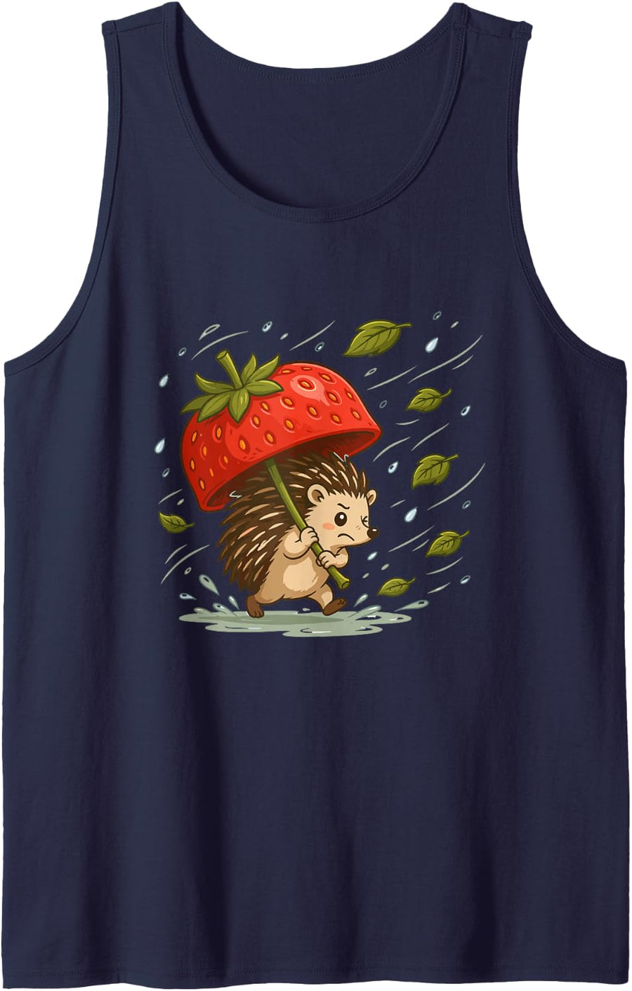 Rainy Day Hedgehog Strawberry Umbrella Autumn Tank Top - Navy Blue