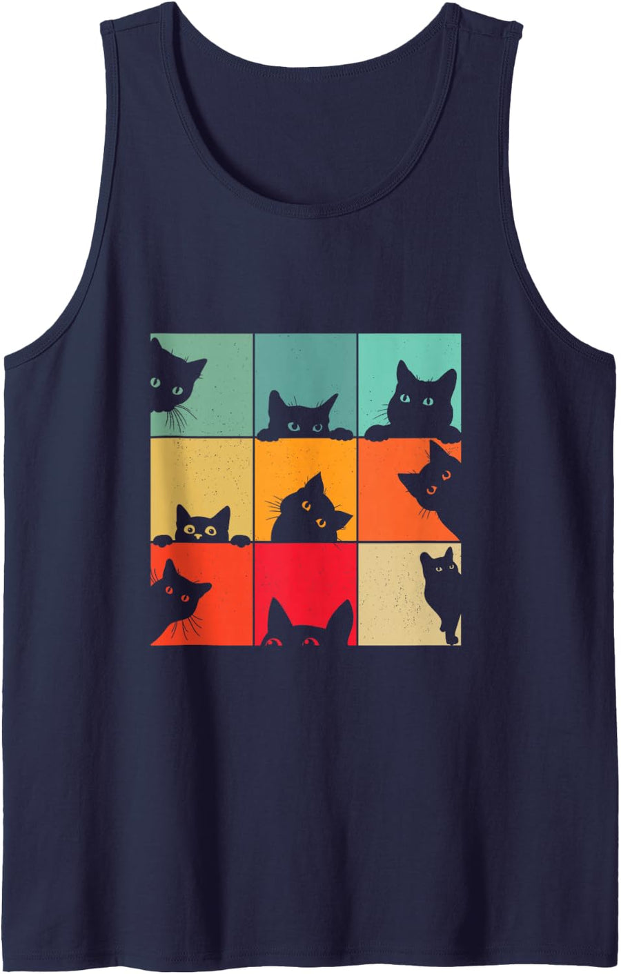 Funny Retro Vintage Curious Black Cat for Cats Lover Sleeveless Tank Top - Navy Blue