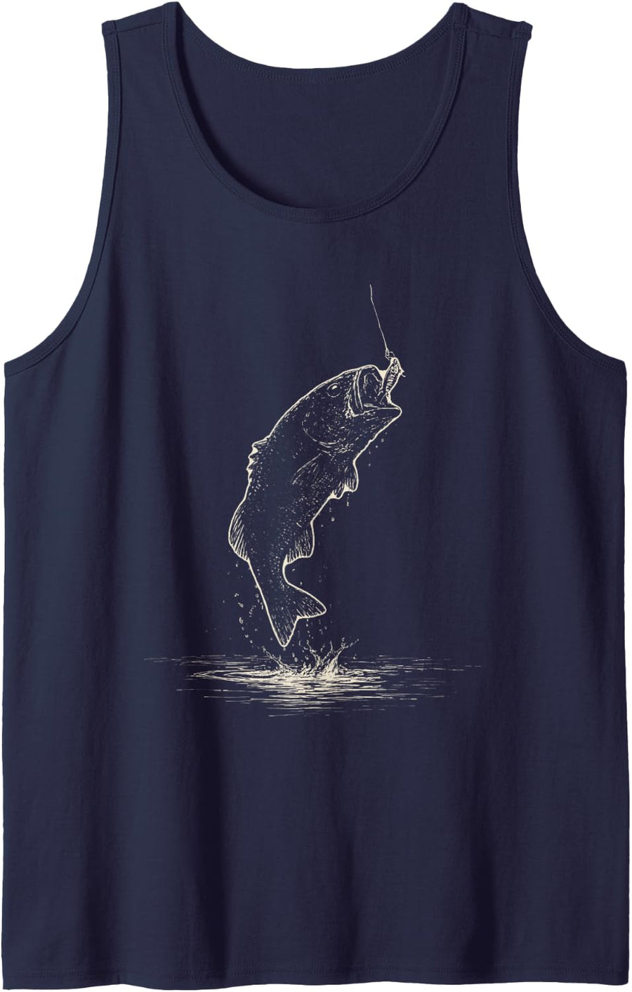 Vintage Largemouth Bass Jumping Ink Etching Bass Fishing Sleeveless Tank Top - Navy Blue