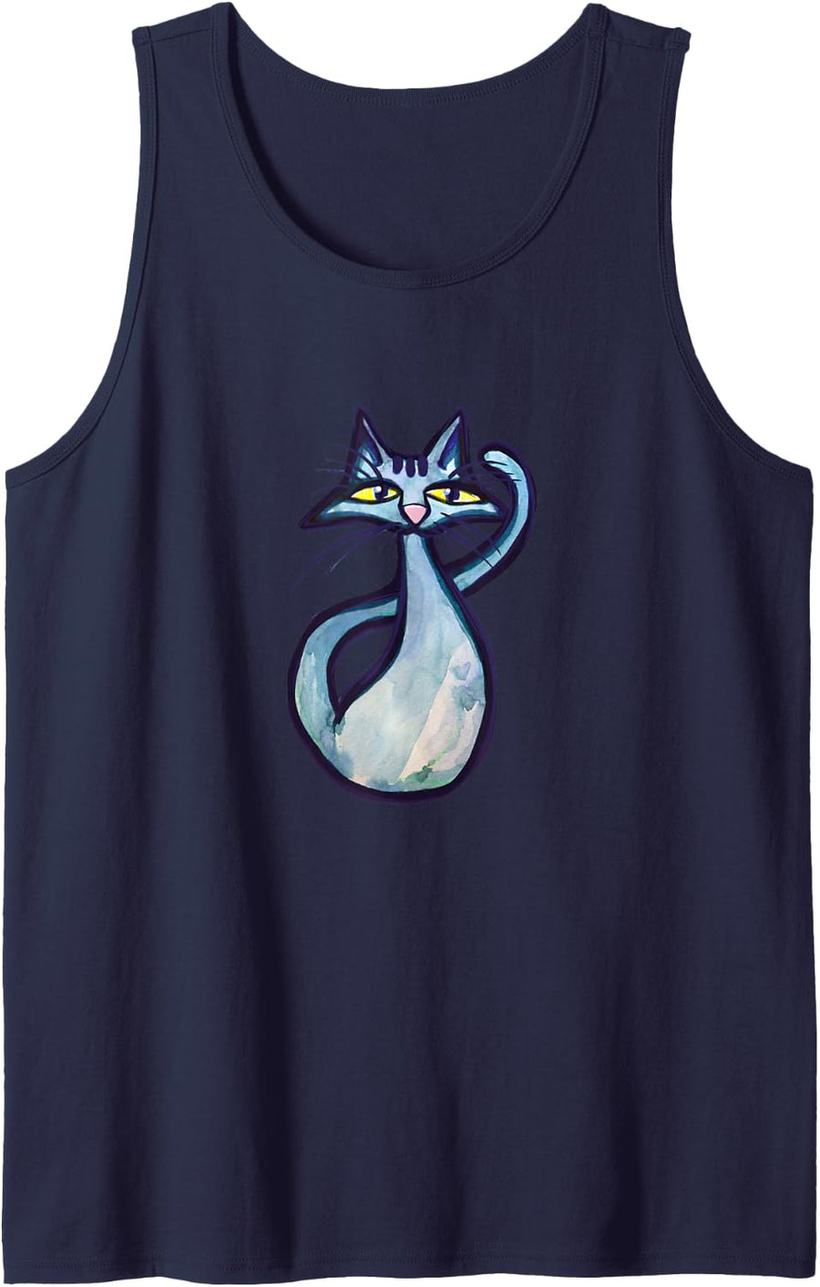 Blue Cat Art Sleeveless Tank Top - Navy Blue