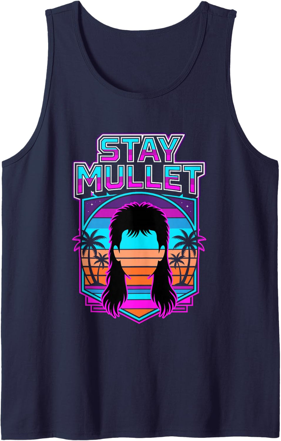 Stay Mullet Retro Synthwave Sleeveless Tank Top - Navy Blue