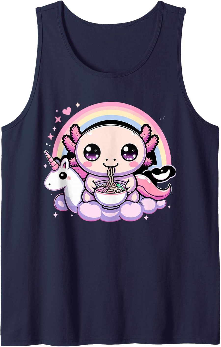 Axolotl Eating Ramen with Unicorn Sleeveless Tank Top - Navy Blue