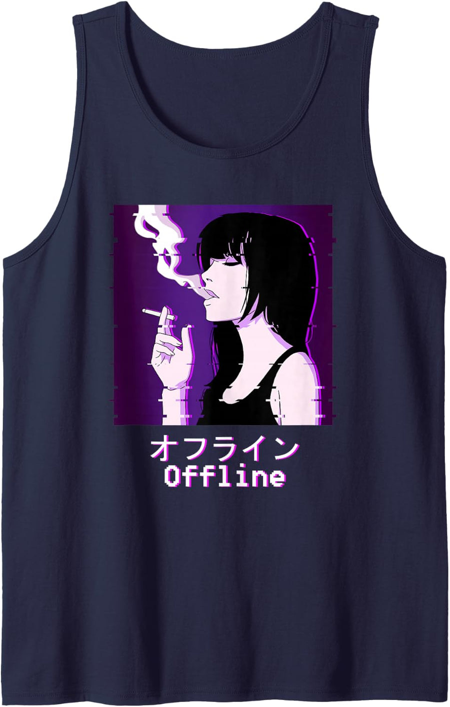Japanese Vaporwave Aesthetic Graphic Offline Sad Anime Girl Tank Top - Navy Blue
