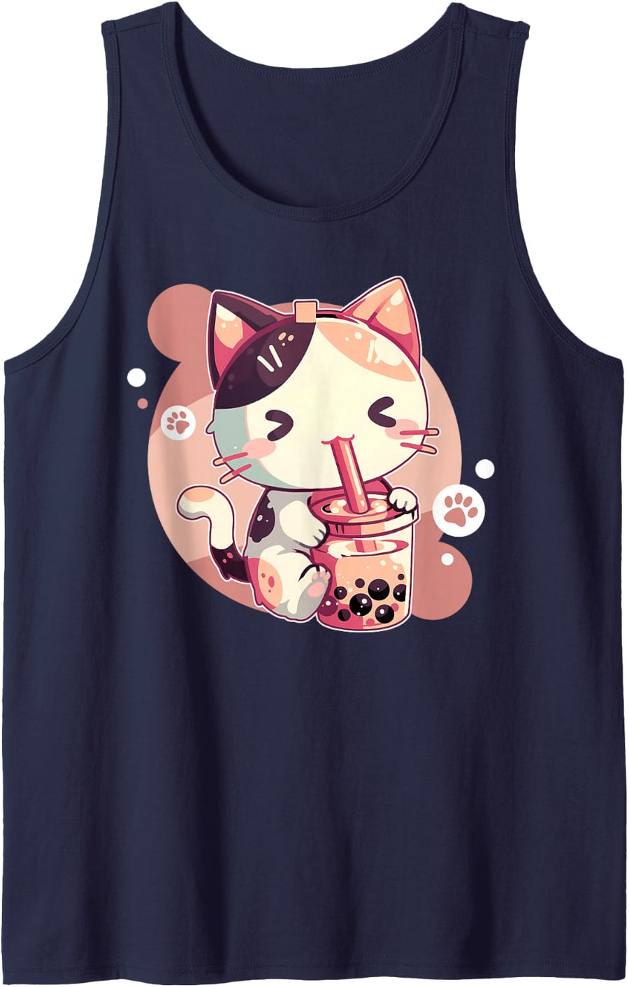 Cute Cat Drinking Boba Tea Bubble Tea Anime Kawaii Neko Sleeveless Tank Top - Navy Blue