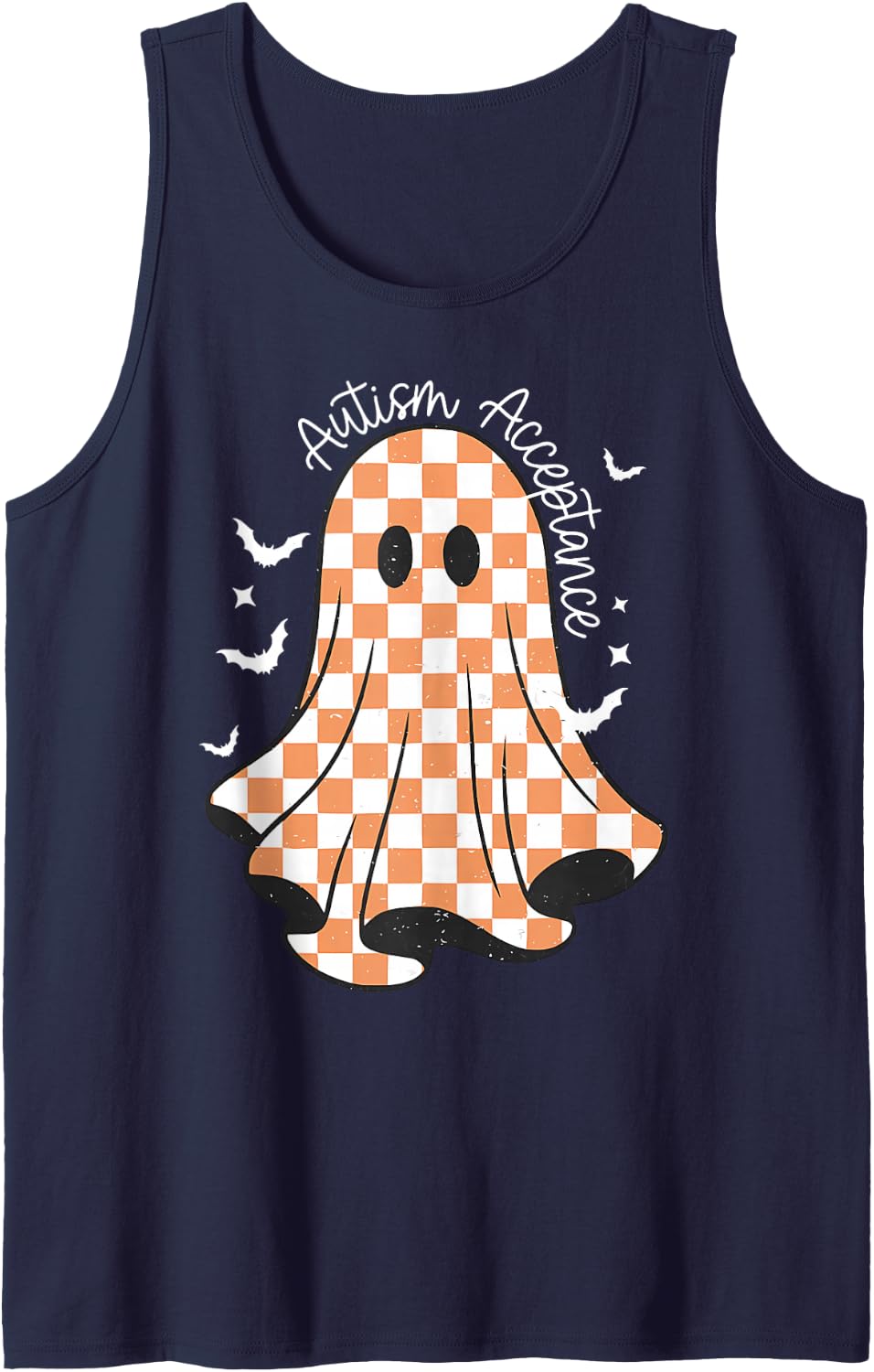 Halloween Checkered Ghost Autism Acceptance Mental Health Sleeveless Tank Top - Navy Blue