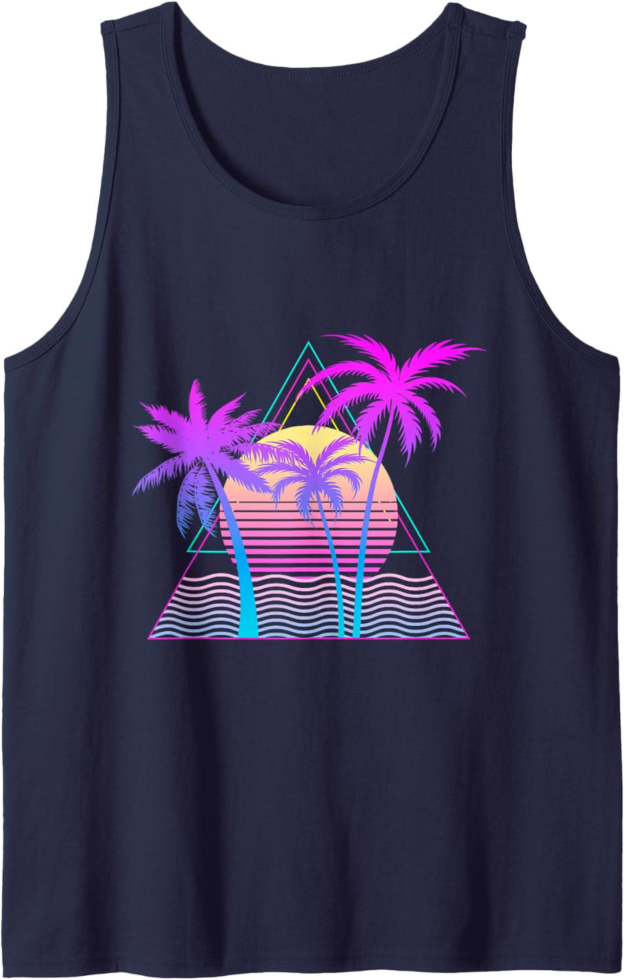 Retro 1980s 1990s Vaporwave Palm Trees Beach Sunset Surf Art Tank Top - Navy Blue