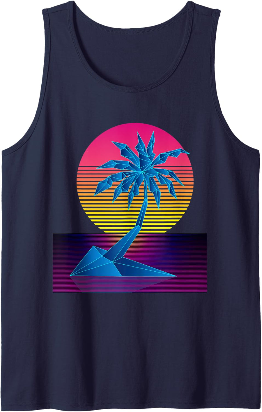 Vaporwave Digital Art Palm Tree & Sunset Retro 80s Beach Art Tank Top - Navy Blue