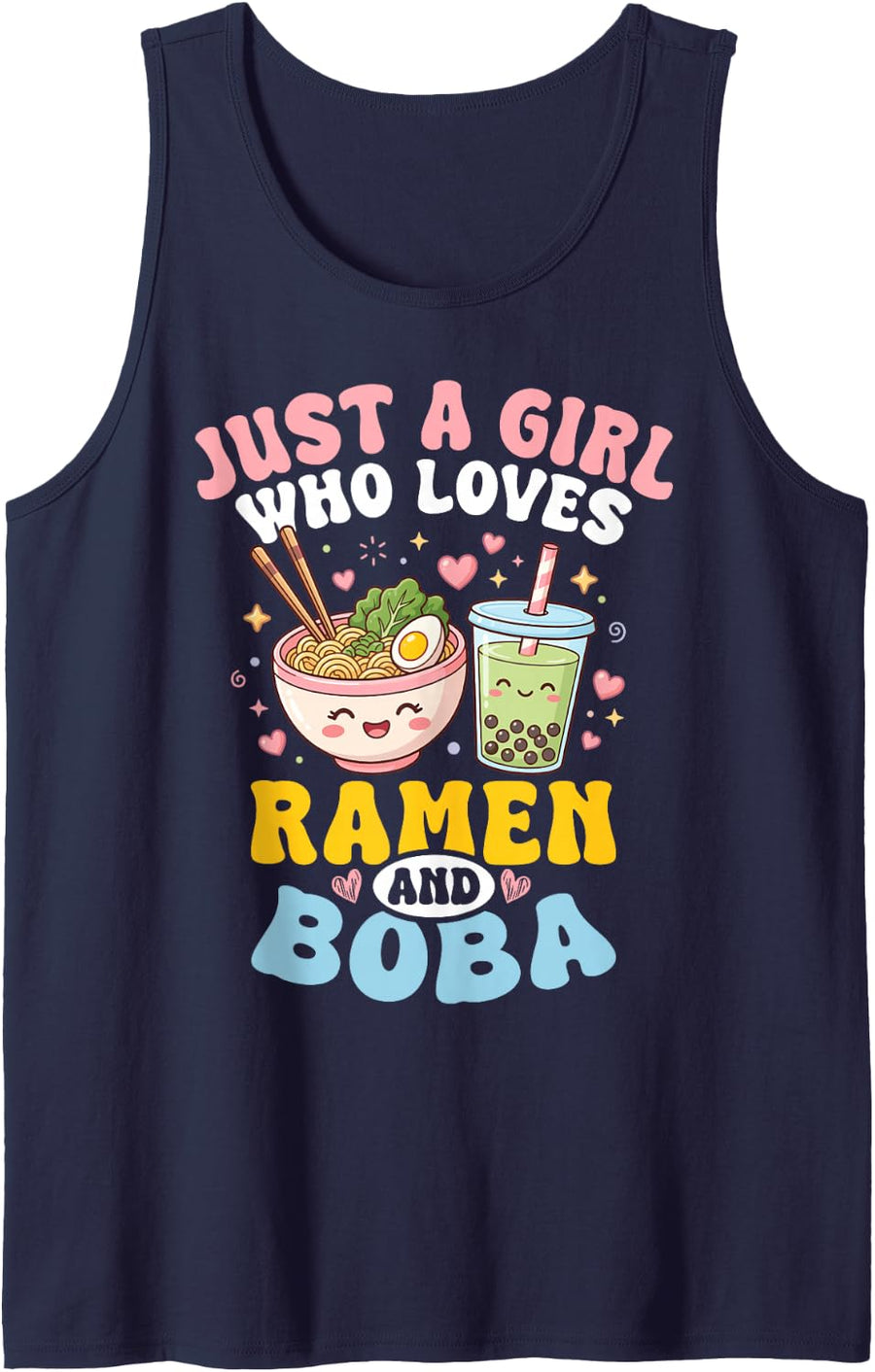 Ramen and Bubble Tea Girl Funny Kawaii Bubble Boba Tea Women Sleeveless Tank Top - Navy Blue