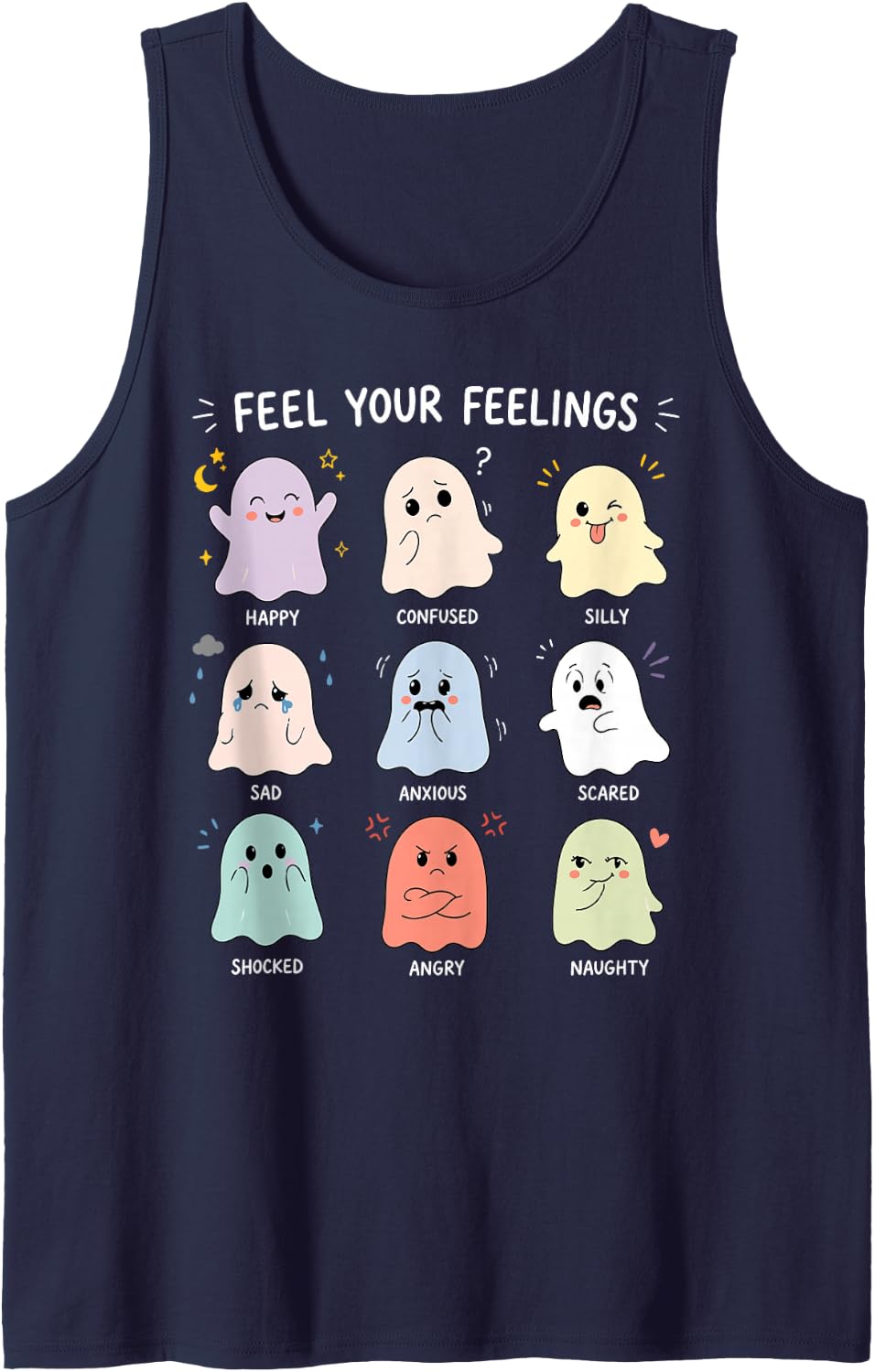 Mental Health Halloween Ghost Feelings Counselor Emotions Sleeveless Tank Top - Navy Blue