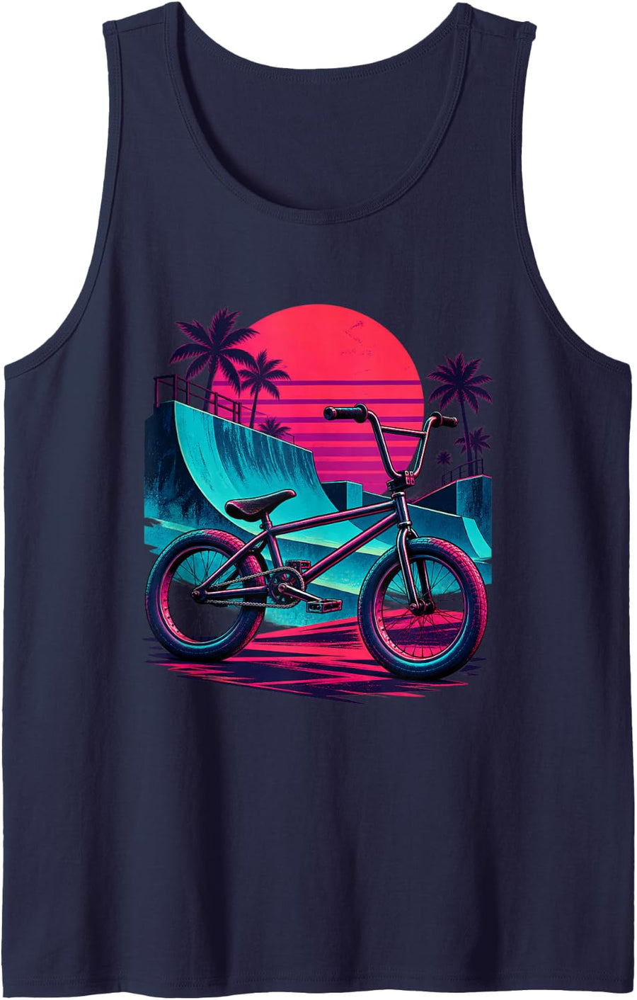 Retrowave BMX Freestyle Bicycle Tropical Skatepark Rider Sleeveless Tank Top - Navy Blue