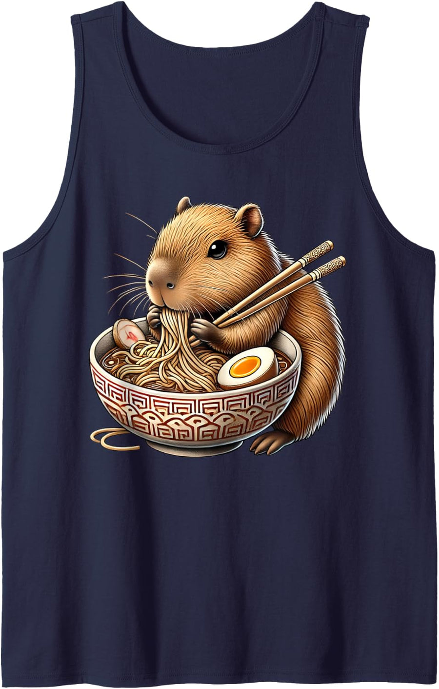 Kawaii Capybara Eating Japanese Ramen Noodles Funny Anime Sleeveless Tank Top - Navy Blue